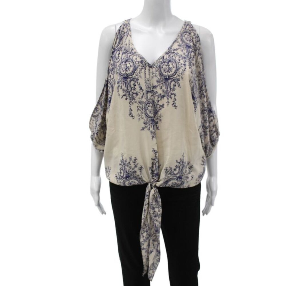 Akiko Women 100% Silk Beige V Neck Tunic Blouse Floral Tie 3/4 Sleeve Size XS